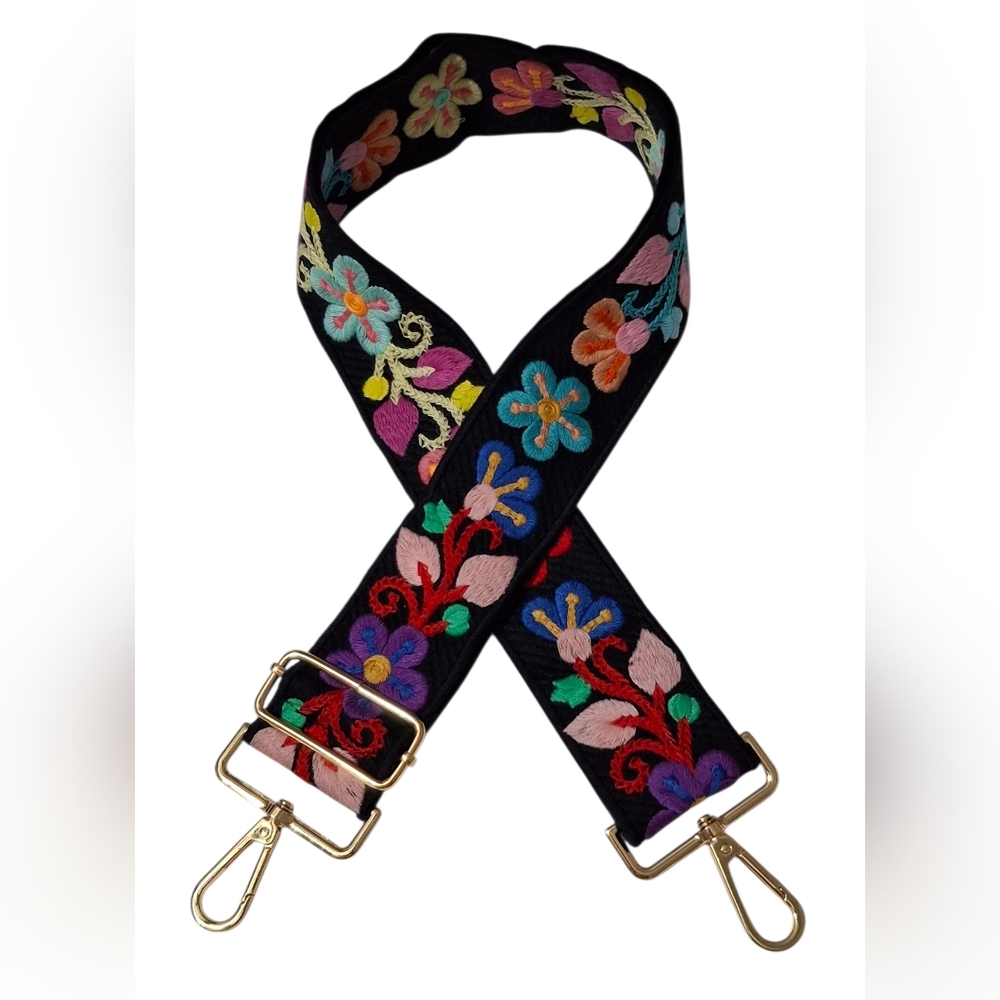 Black Multicolor Floral Embroidered Handbag Replacement Guitar Strap